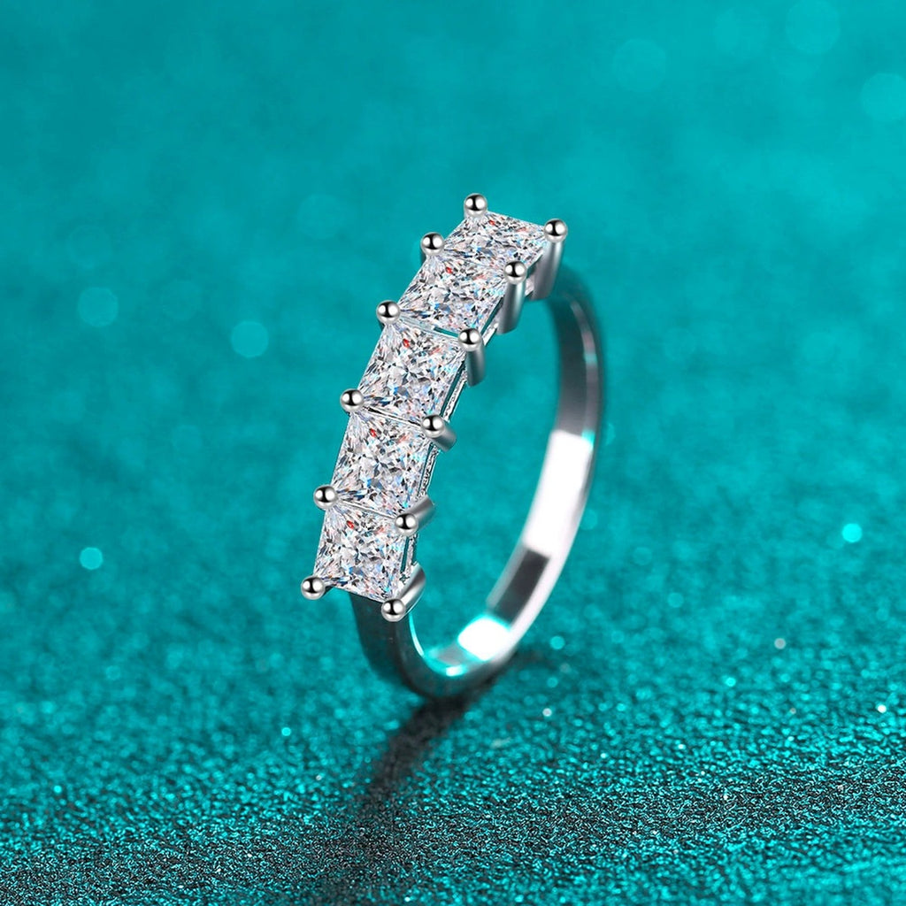 Princess Cut Moissanite Eternity Band Ring product view showing moissanite setting and rhodium finish