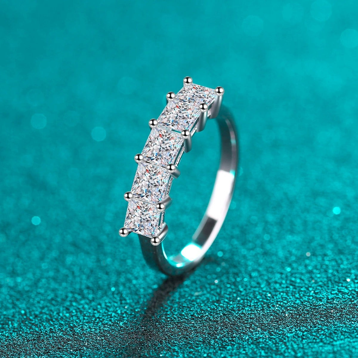 Princess Cut Moissanite Eternity Band Ring product view showing moissanite setting and rhodium finish