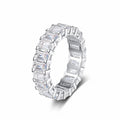 Emerald Cut Moissanite Eternity Band Ring in rhodium-plated S925 sterling silver on clean white background