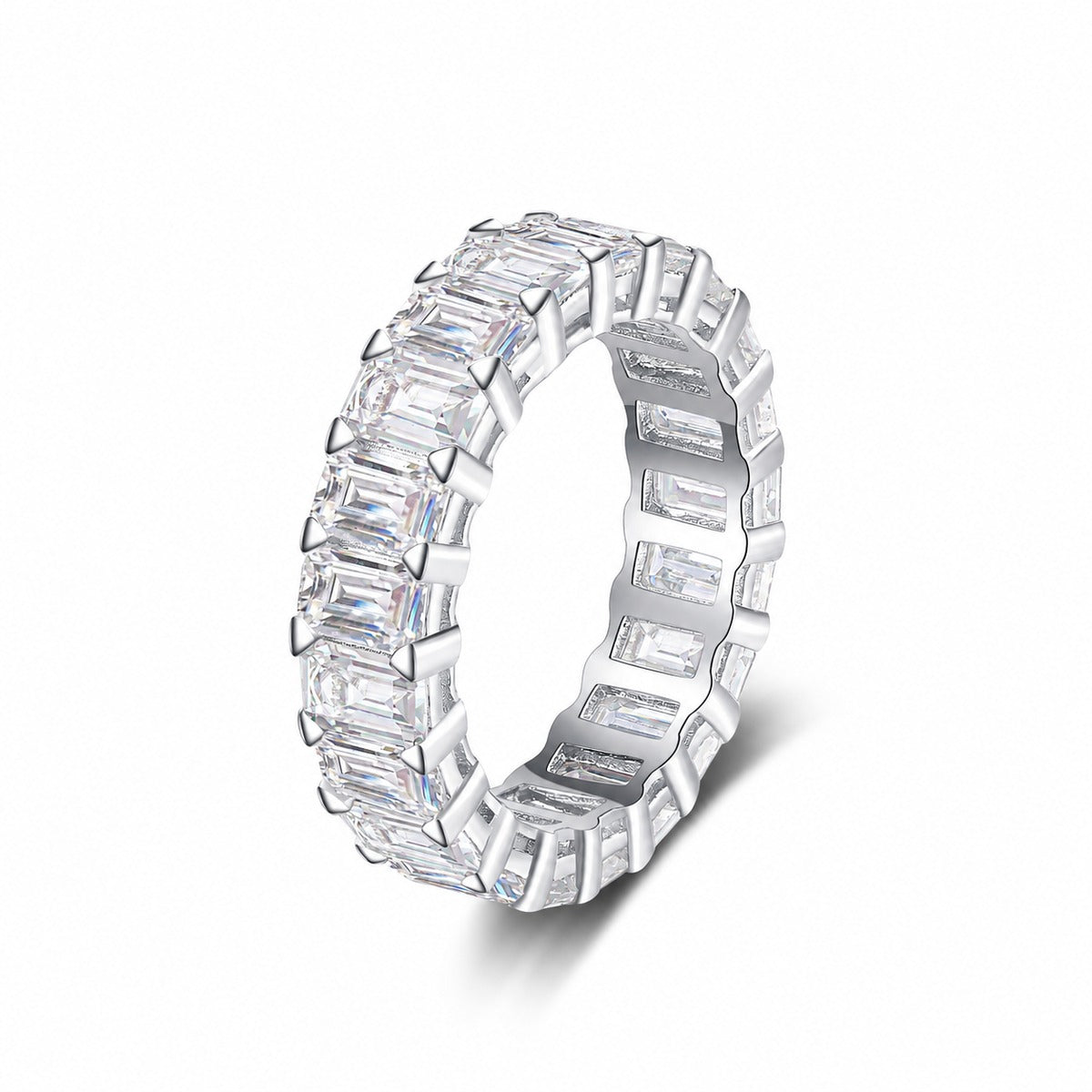 Emerald Cut Moissanite Eternity Band Ring in rhodium-plated S925 sterling silver on clean white background