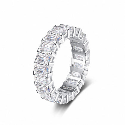 Emerald Cut Moissanite Eternity Band Ring in rhodium-plated S925 sterling silver on clean white background