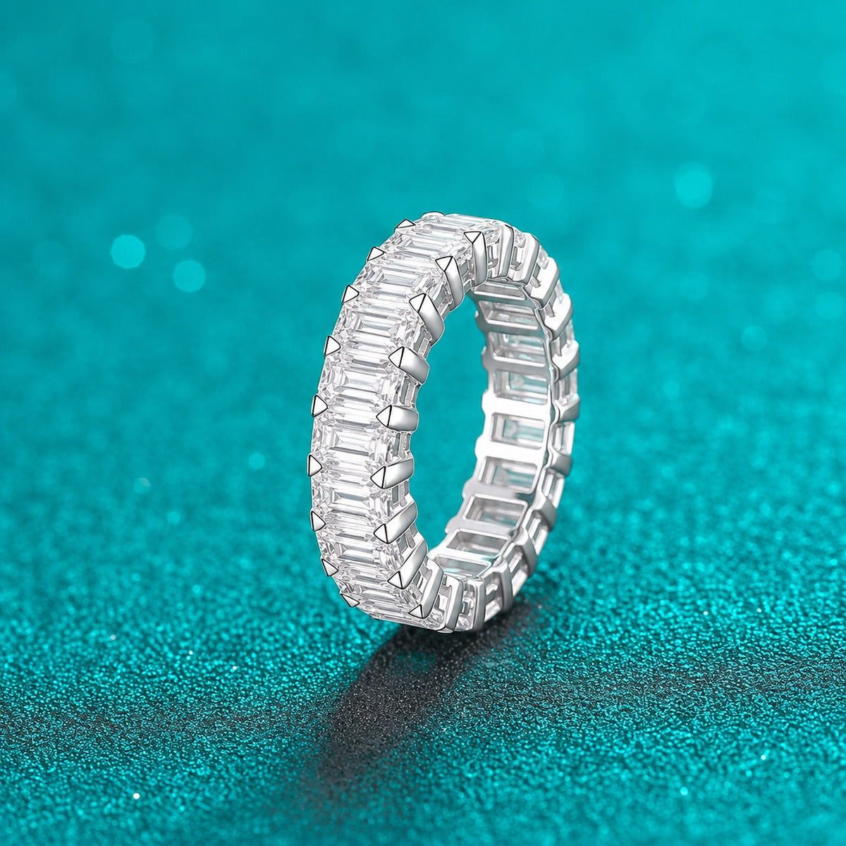 Emerald Cut Moissanite Eternity Band Ring product view showing moissanite setting and rhodium finish