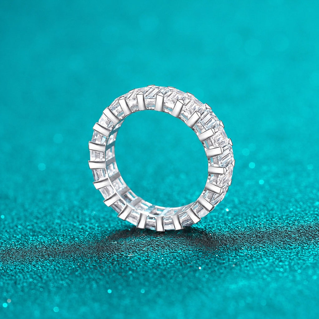 Emerald Cut Moissanite Eternity Band Ring product view showing moissanite setting and rhodium finish