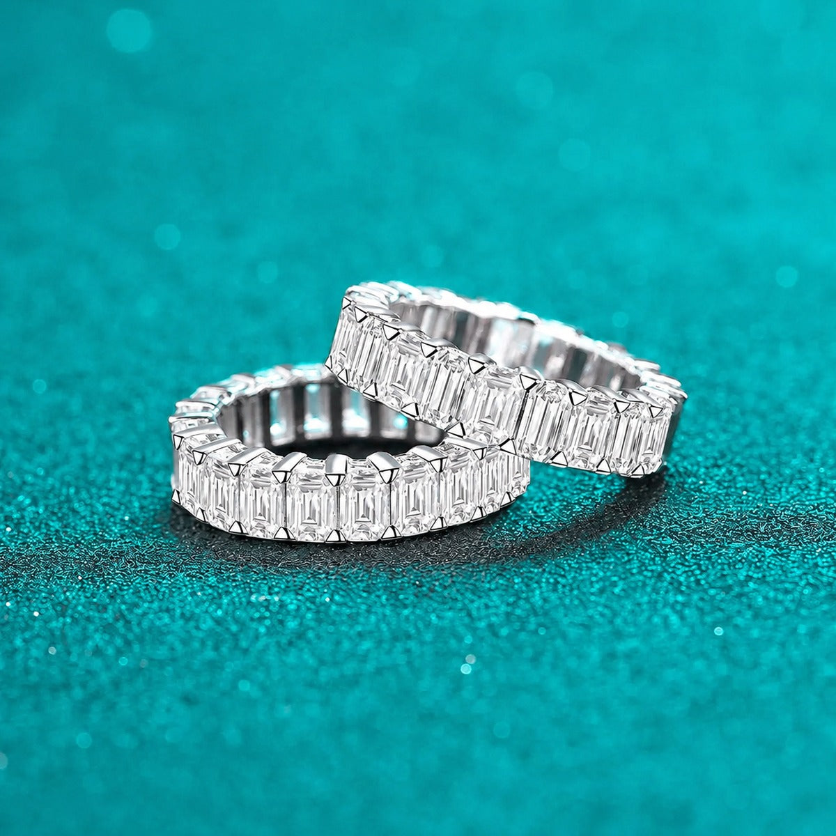 Emerald Cut Moissanite Eternity Band Ring product view showing moissanite setting and rhodium finish