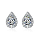 Pear Cut Moissanite Stud Earrings with CZ in Rhodium-Plated S925 sterling silver white background product photo showing the pair, stone shape, and stud earrings silhouette