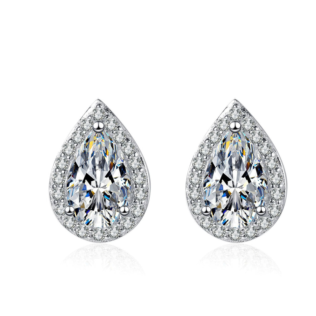 Pear Cut Moissanite Stud Earrings with CZ in Rhodium-Plated S925 sterling silver white background product photo showing the pair, stone shape, and stud earrings silhouette