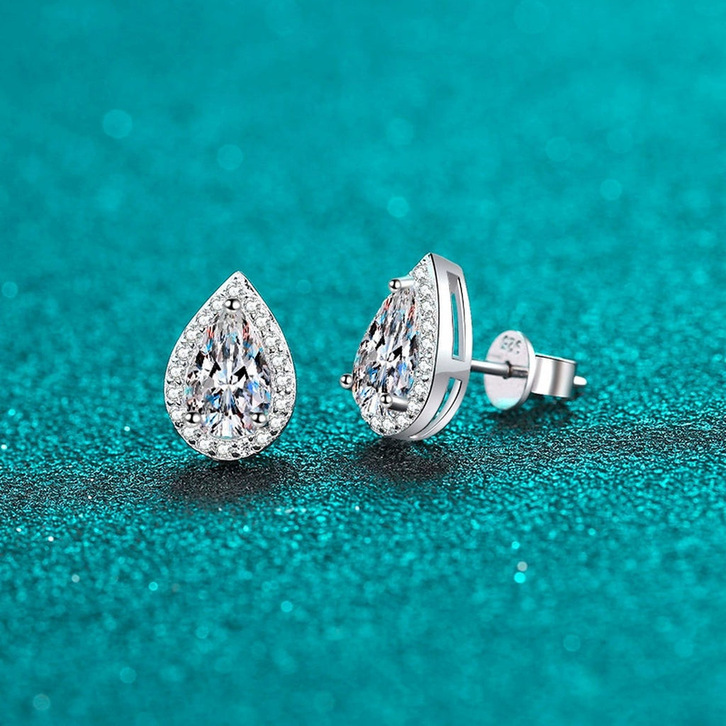 Pear Cut Moissanite Stud Earrings with CZ in Rhodium-Plated S925 sterling silver product scene view showing angled setting detail
