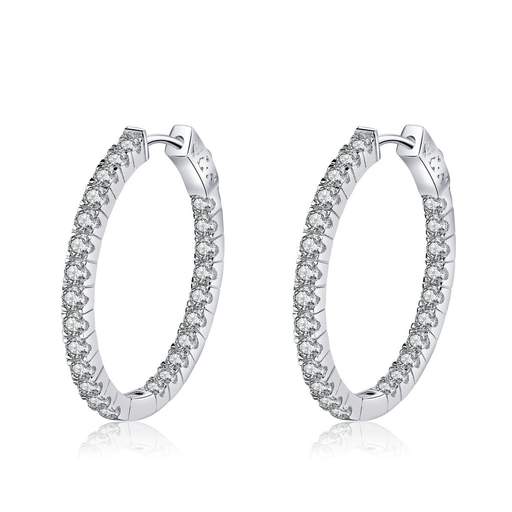Pave Moissanite Hoop Earrings in Rhodium-Plated S925 sterling silver white background product photo showing the pair, stone shape, and hoop earrings silhouette