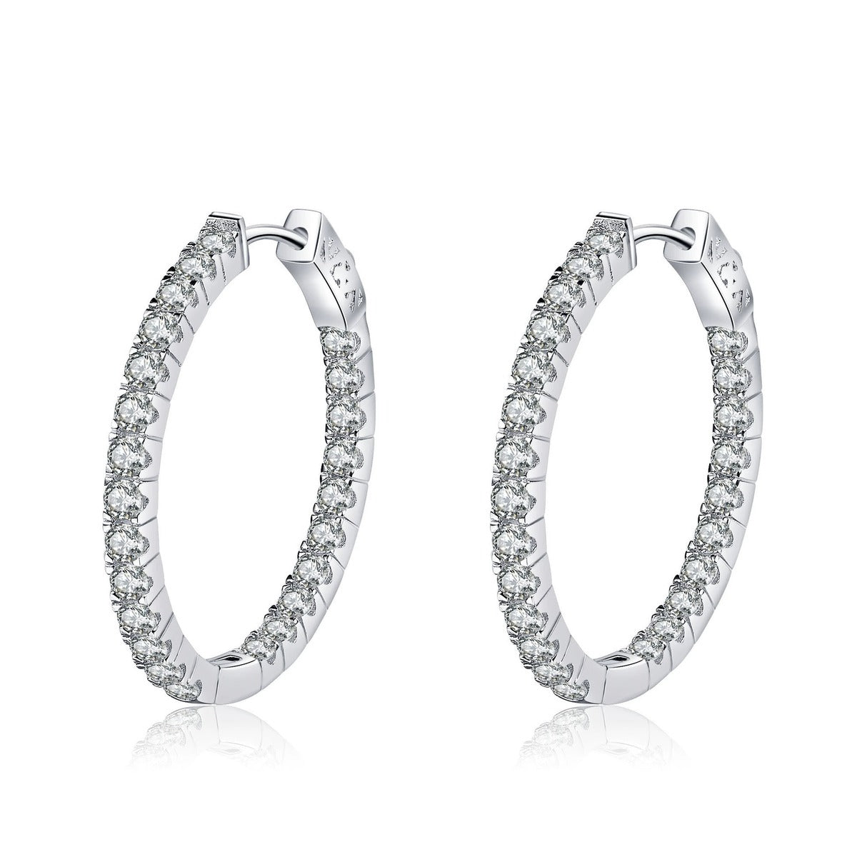 Pave Moissanite Hoop Earrings in Rhodium-Plated S925 sterling silver white background product photo showing the pair, stone shape, and hoop earrings silhouette