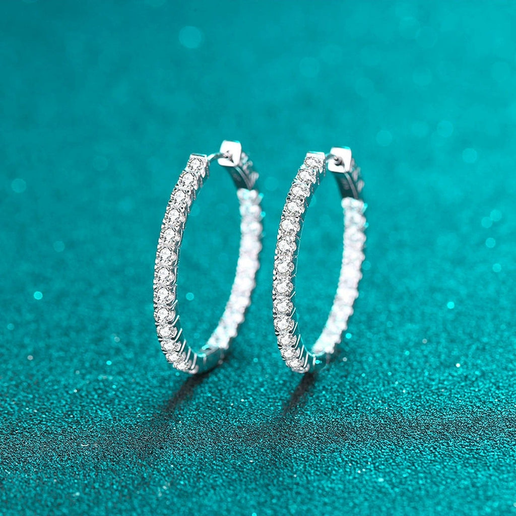 Pave Moissanite Hoop Earrings in Rhodium-Plated S925 sterling silver product scene view showing front sparkle