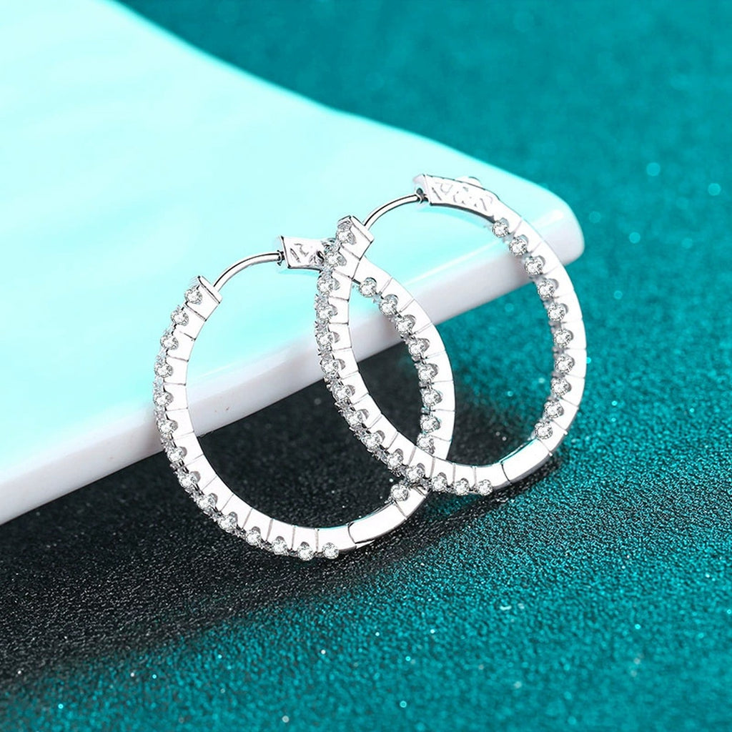 Pave Moissanite Hoop Earrings in Rhodium-Plated S925 sterling silver product scene view showing angled setting detail