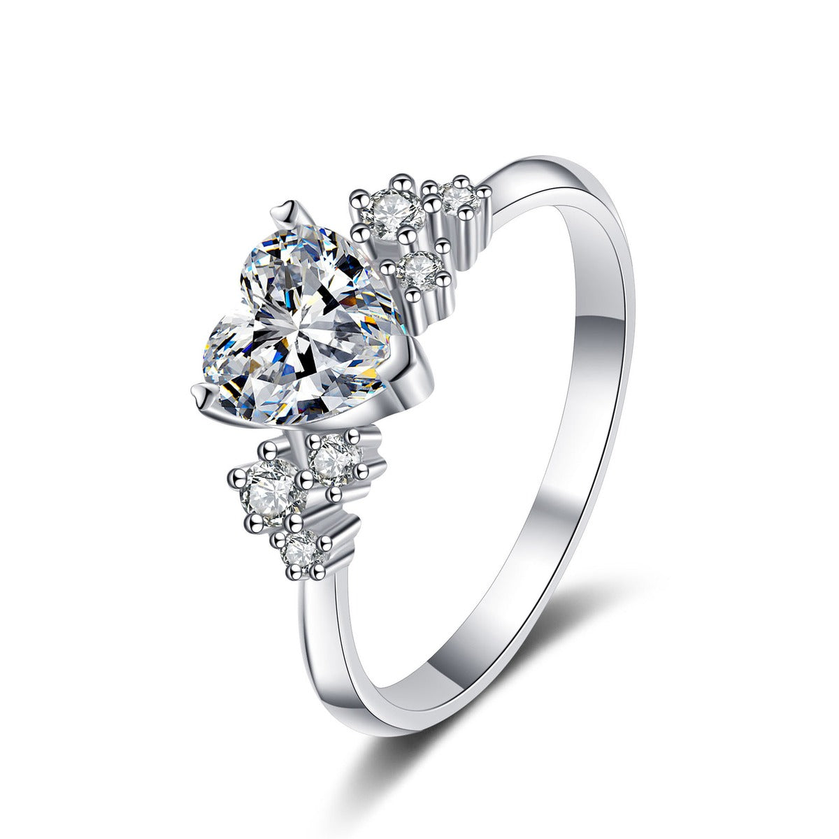 Heart Cut Moissanite Side Stone Engagement Ring with CZ in Rhodium-Plated S925 Sterling Silver clean white background product photo showing the ring silhouette and moissanite setting