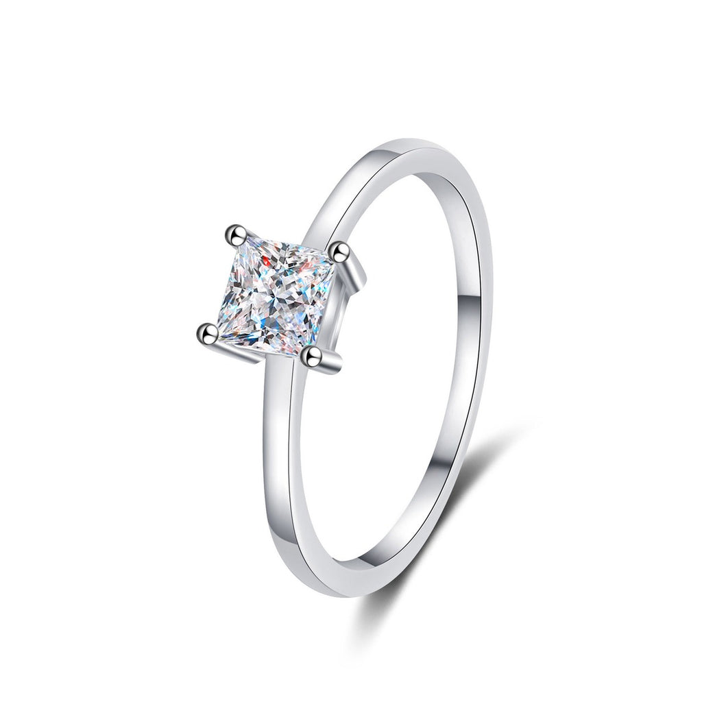Princess Cut Moissanite Solitaire Ring in Rhodium-Plated S925 Sterling Silver clean white background product photo showing the ring silhouette and moissanite setting