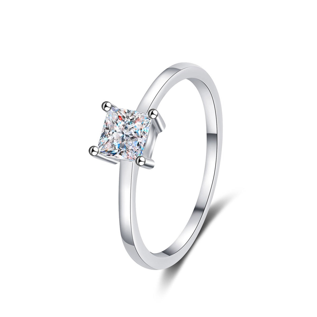 Princess Cut Moissanite Solitaire Ring in Rhodium-Plated S925 Sterling Silver clean white background product photo showing the ring silhouette and moissanite setting