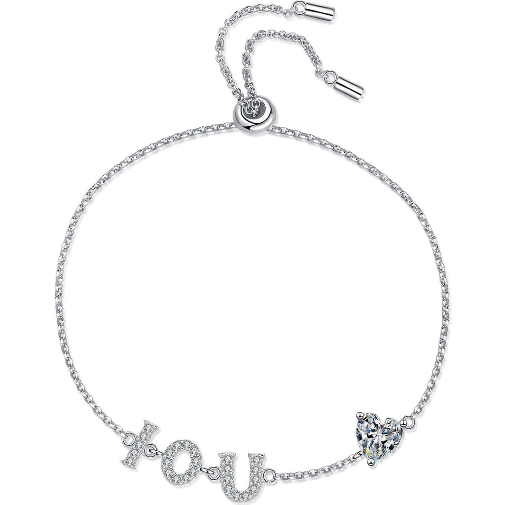 LOVE Heart Moissanite Adjustable Bracelet with CZ in Rhodium-Plated S925 sterling silver white background product photo showing bracelet shape and moissanite setting