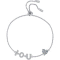 LOVE Heart Moissanite Adjustable Bracelet with CZ in Rhodium-Plated S925 sterling silver white background product photo showing bracelet shape and moissanite setting