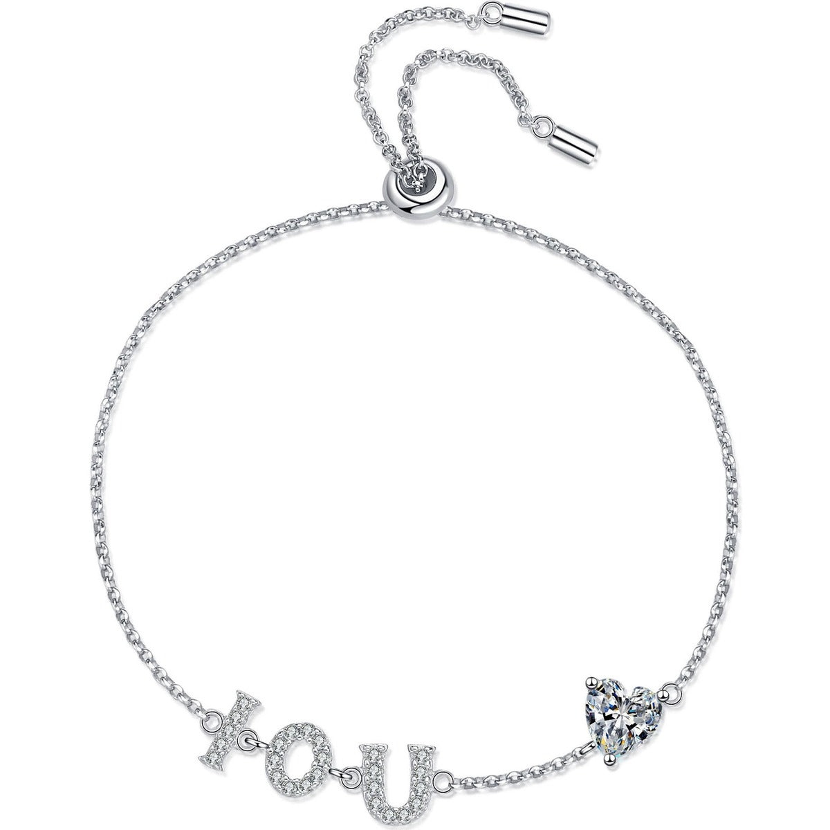 LOVE Heart Moissanite Adjustable Bracelet with CZ in Rhodium-Plated S925 sterling silver white background product photo showing bracelet shape and moissanite setting