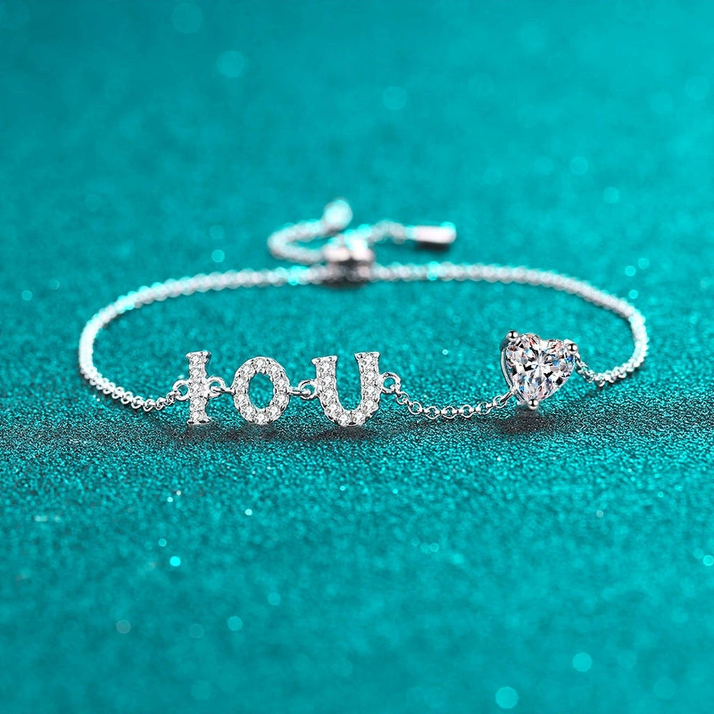 LOVE Heart Moissanite Adjustable Bracelet with CZ in Rhodium-Plated S925 sterling silver styled product scene showing stone sparkle and chain detail