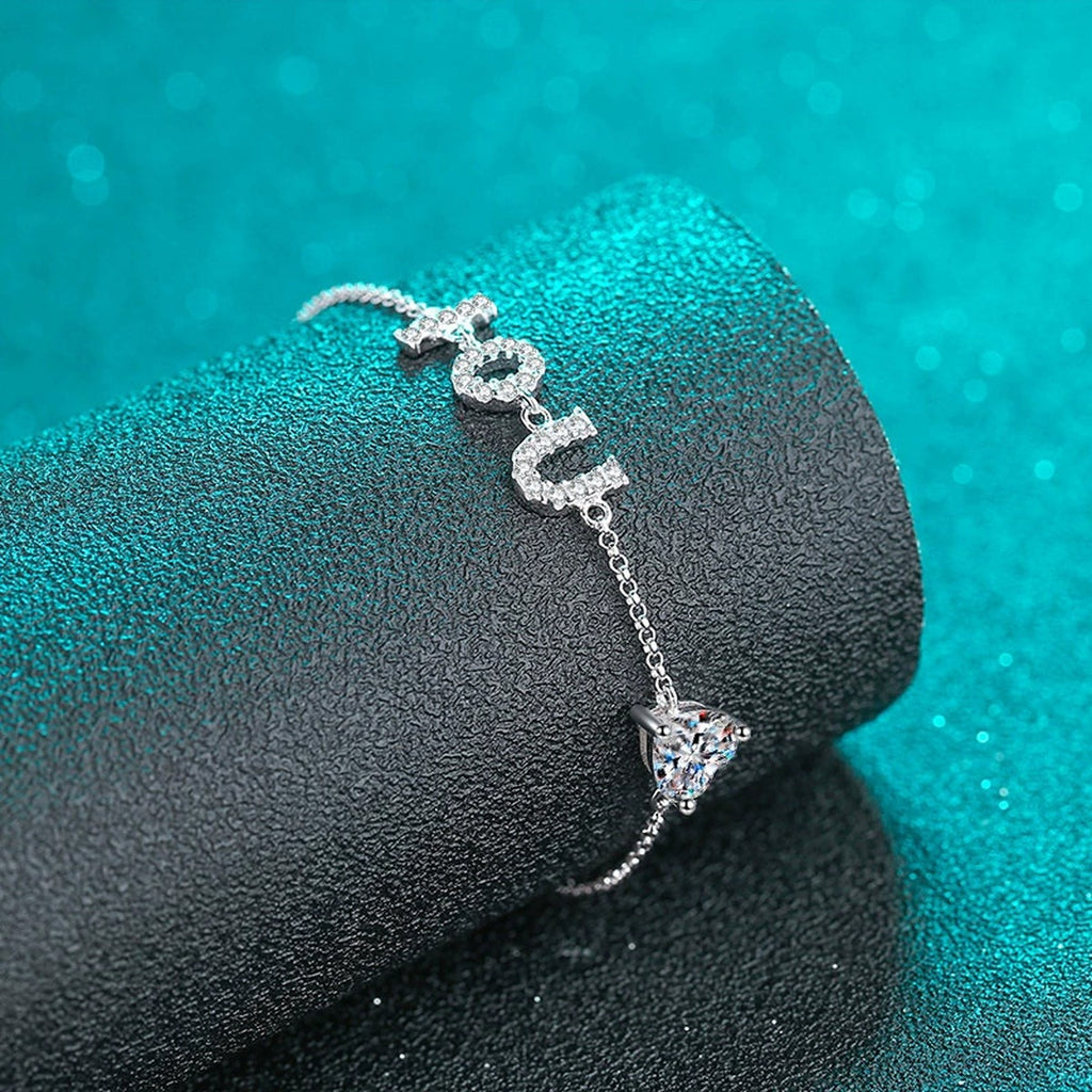 LOVE Heart Moissanite Adjustable Bracelet with CZ in Rhodium-Plated S925 sterling silver close-up bracelet detail view showing clasp and motif