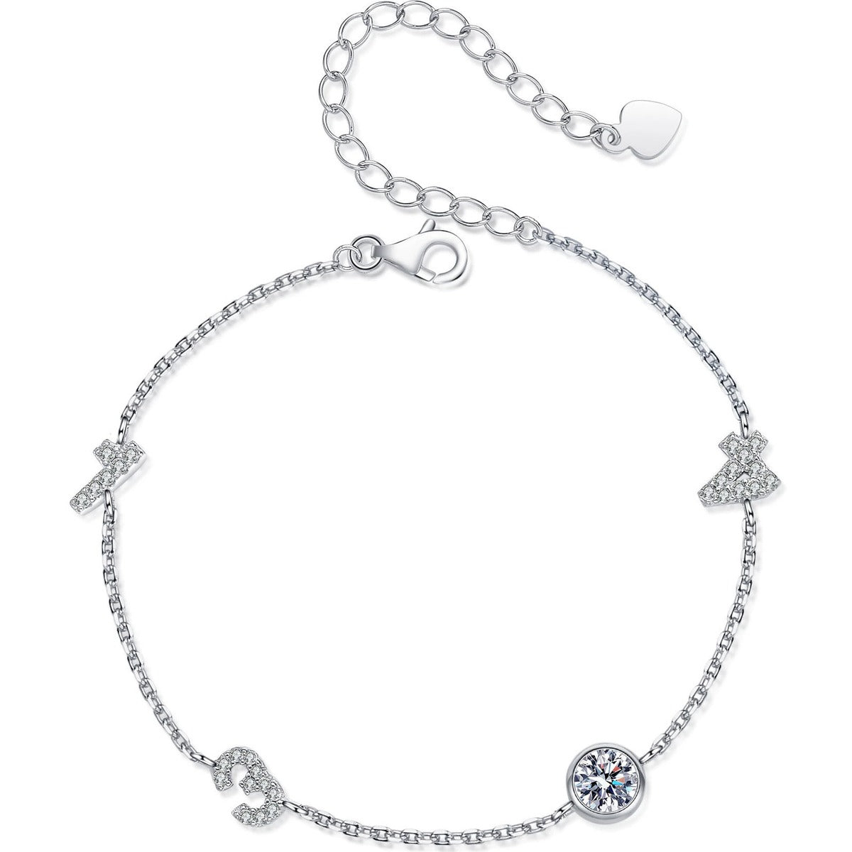 Number Charm Moissanite Adjustable Bracelet with CZ in Rhodium-Plated S925 sterling silver white background product photo showing bracelet shape and moissanite setting