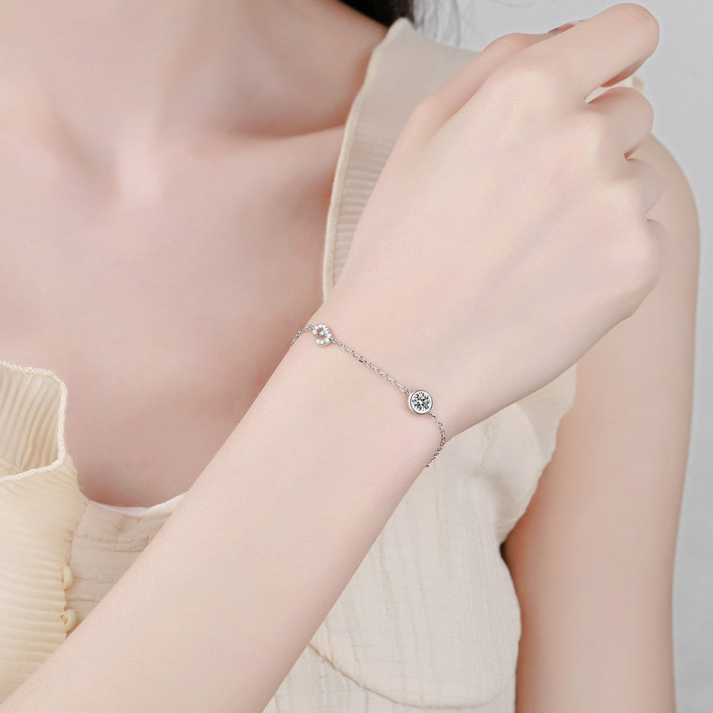 Number Charm Moissanite Adjustable Bracelet with CZ in Rhodium-Plated S925 sterling silver worn on wrist model view showing scale and adjustable fit