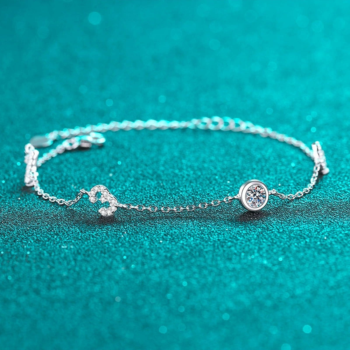 Number Charm Moissanite Adjustable Bracelet with CZ in Rhodium-Plated S925 sterling silver styled product scene showing stone sparkle and chain detail
