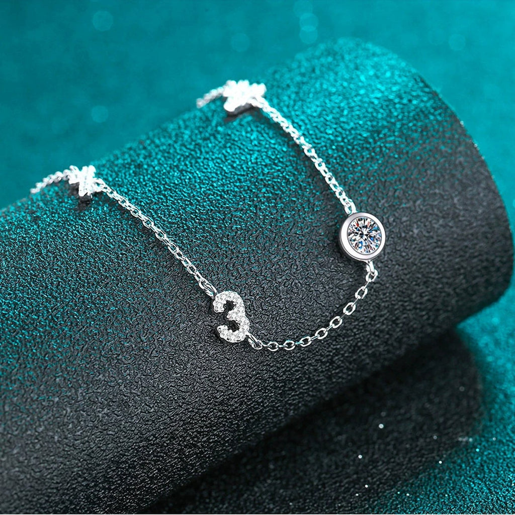 Number Charm Moissanite Adjustable Bracelet with CZ in Rhodium-Plated S925 sterling silver close-up bracelet detail view showing clasp and motif