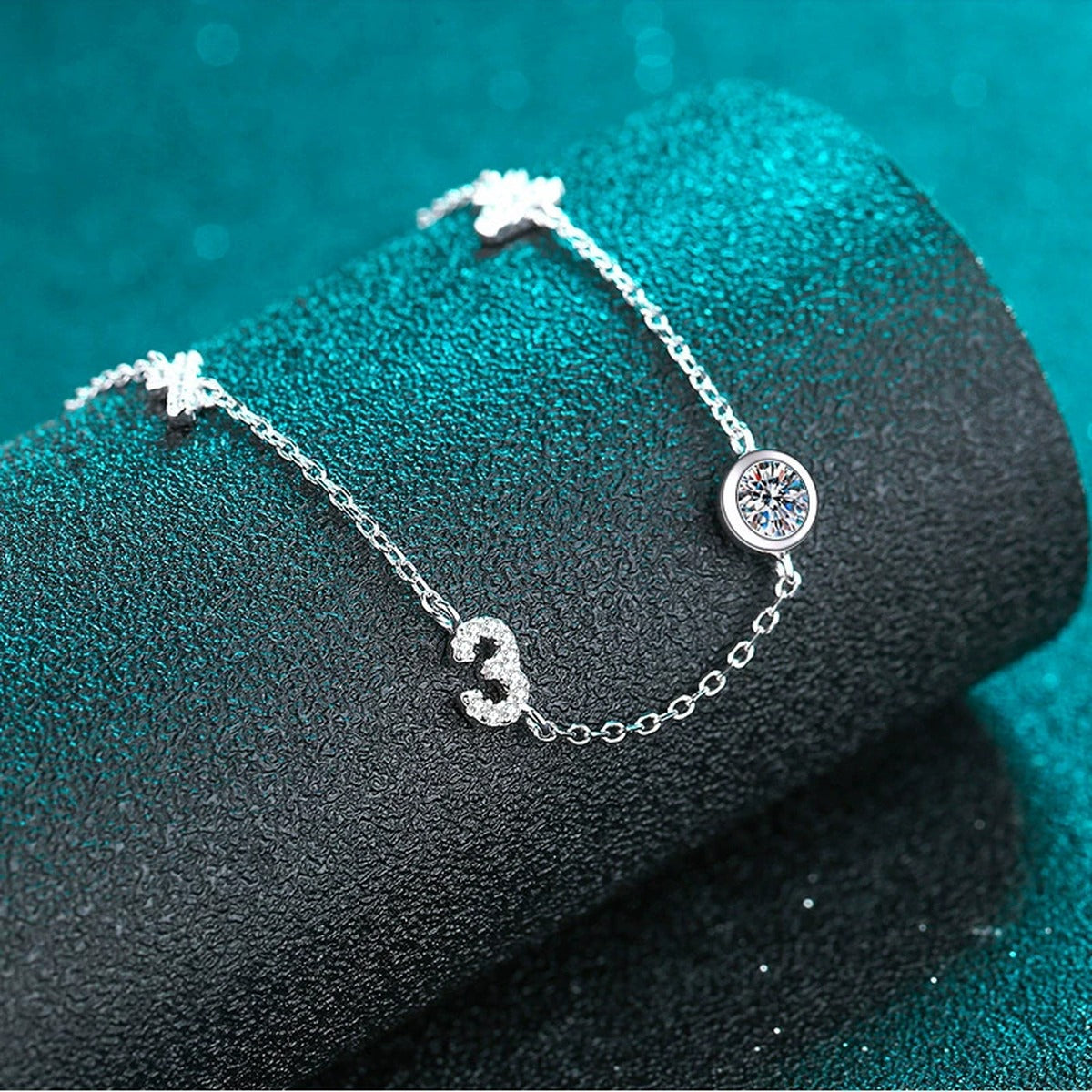 Number Charm Moissanite Adjustable Bracelet with CZ in Rhodium-Plated S925 sterling silver close-up bracelet detail view showing clasp and motif