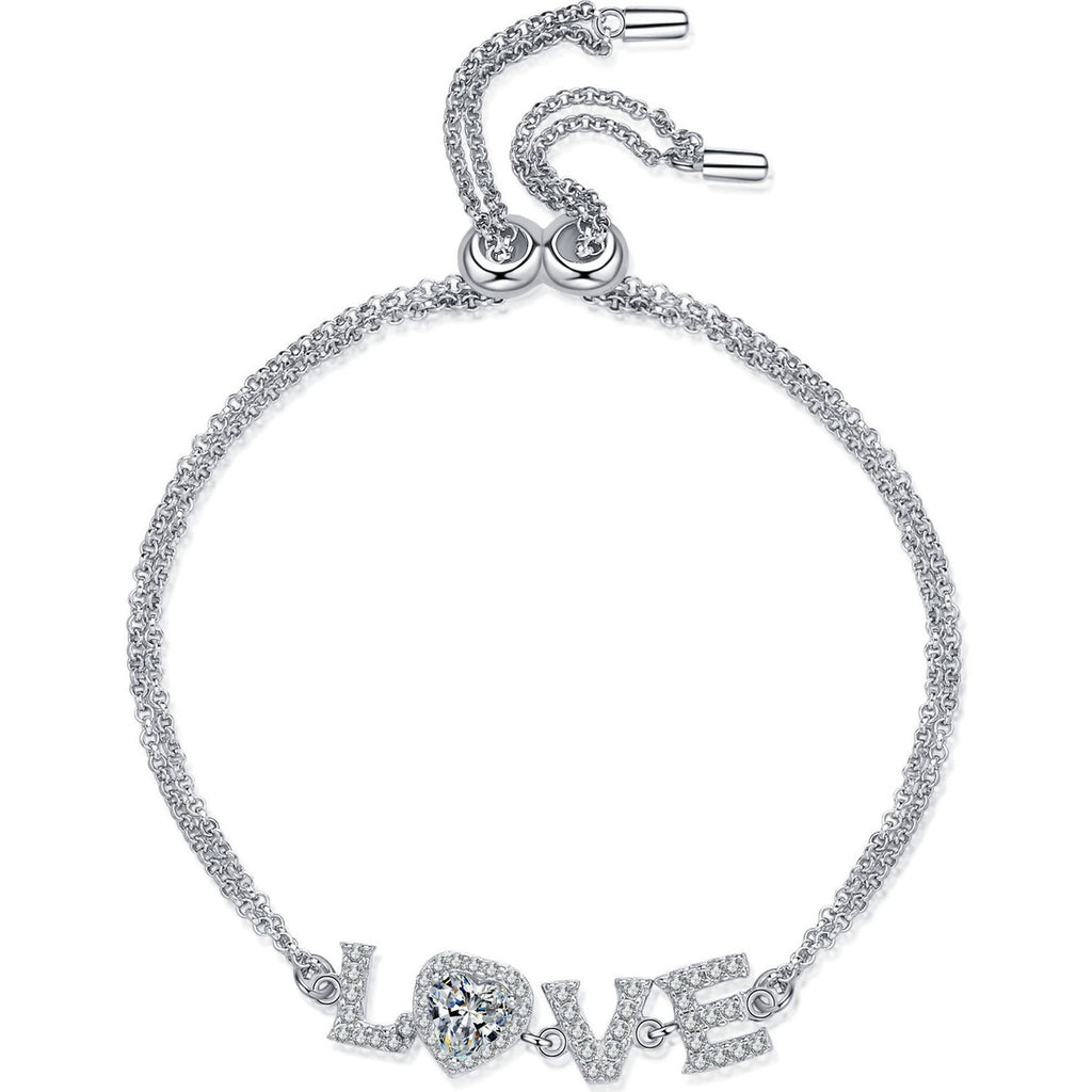 LOVE Heart Moissanite Adjustable Bracelet with CZ in Rhodium-Plated S925 sterling silver white background product photo showing bracelet shape and moissanite setting