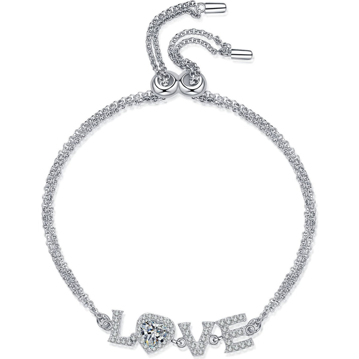 LOVE Heart Moissanite Adjustable Bracelet with CZ in Rhodium-Plated S925 sterling silver white background product photo showing bracelet shape and moissanite setting