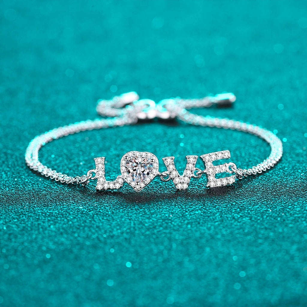 LOVE Heart Moissanite Adjustable Bracelet with CZ in Rhodium-Plated S925 sterling silver styled product scene showing stone sparkle and chain detail