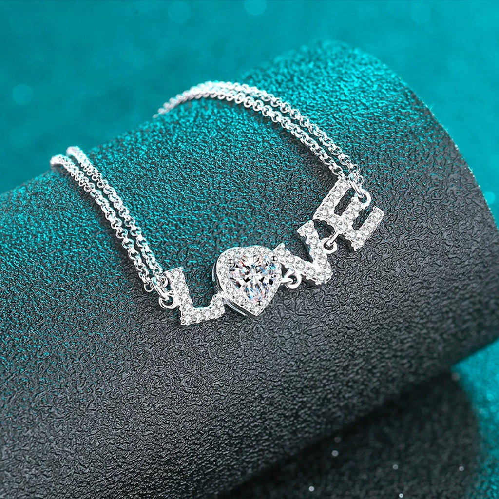 LOVE Heart Moissanite Adjustable Bracelet with CZ in Rhodium-Plated S925 sterling silver close-up bracelet detail view showing clasp and motif