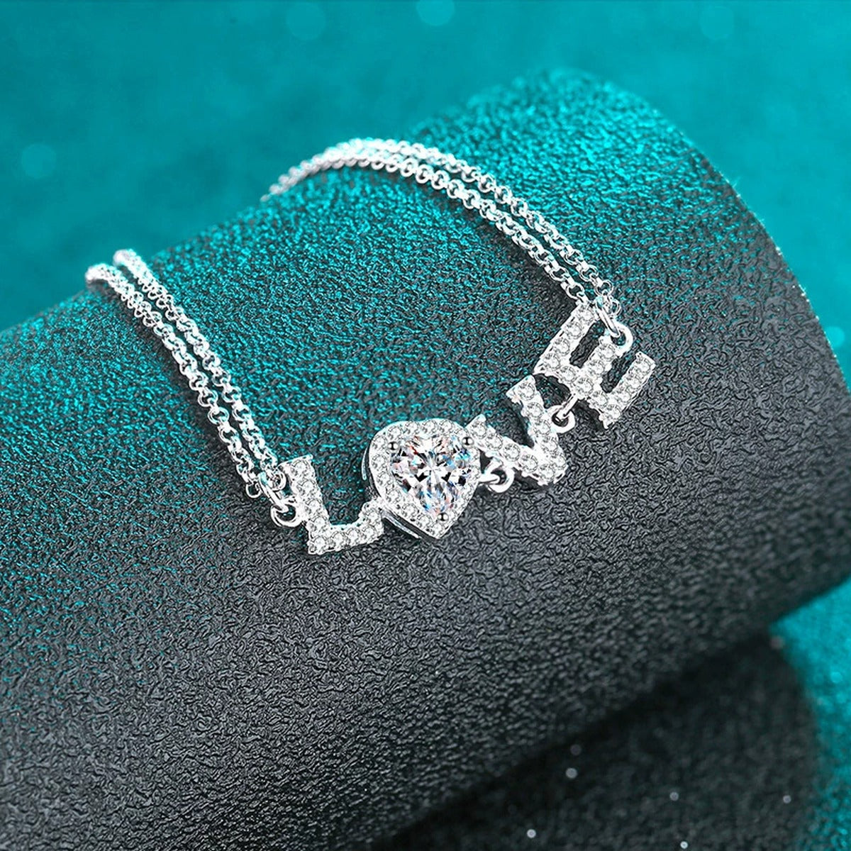 LOVE Heart Moissanite Adjustable Bracelet with CZ in Rhodium-Plated S925 sterling silver close-up bracelet detail view showing clasp and motif