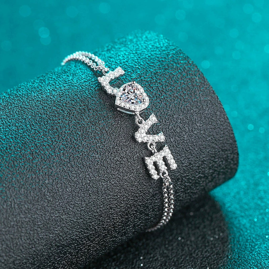 LOVE Heart Moissanite Adjustable Bracelet with CZ in Rhodium-Plated S925 sterling silver angled product display showing bracelet silhouette