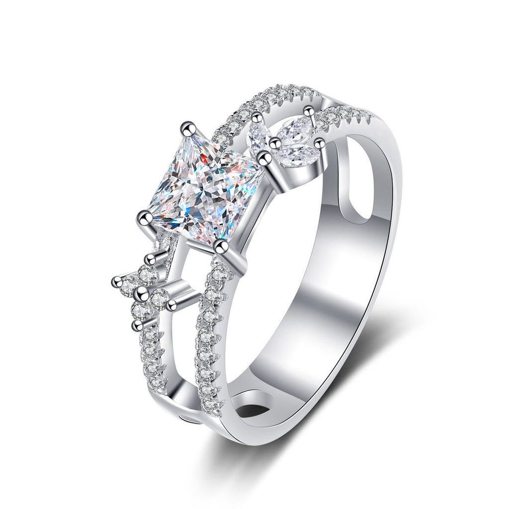 Princess Cut Moissanite Side Stone Engagement Ring with CZ in Rhodium-Plated S925 Sterling Silver clean white background product photo showing the ring silhouette and moissanite setting