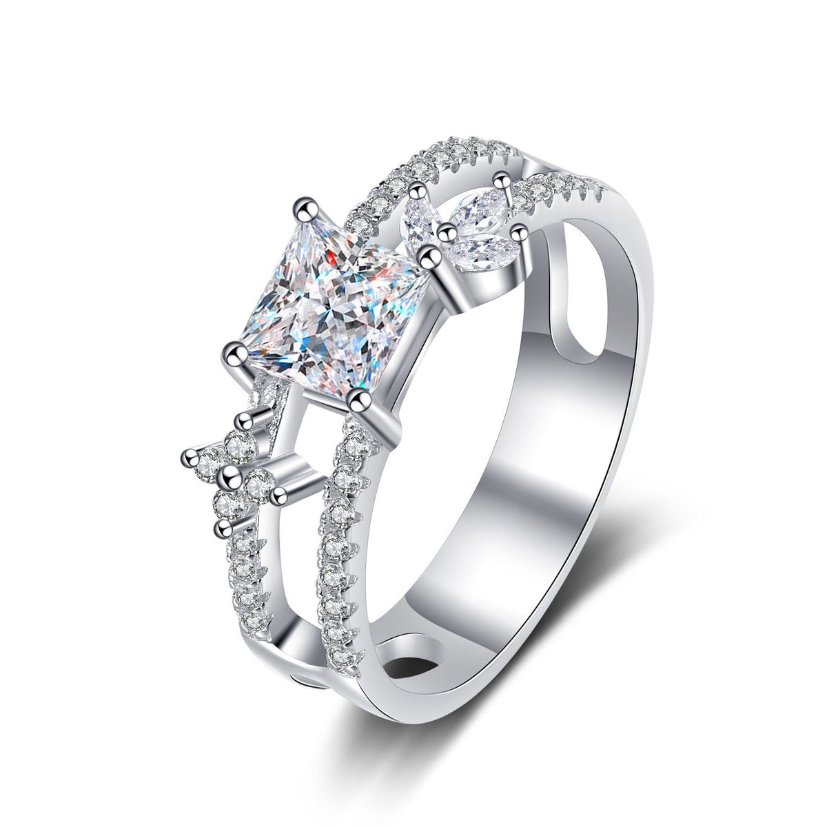 Princess Cut Moissanite Side Stone Engagement Ring with CZ in Rhodium-Plated S925 Sterling Silver clean white background product photo showing the ring silhouette and moissanite setting