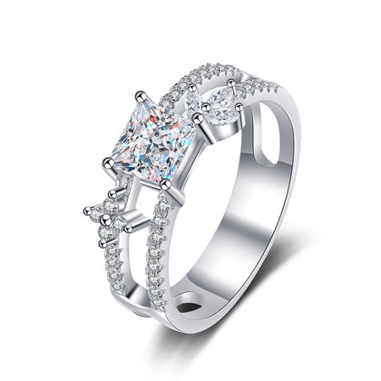 Princess Cut Moissanite Side Stone Engagement Ring with CZ in Rhodium-Plated S925 Sterling Silver clean white background product photo showing the ring silhouette and moissanite setting