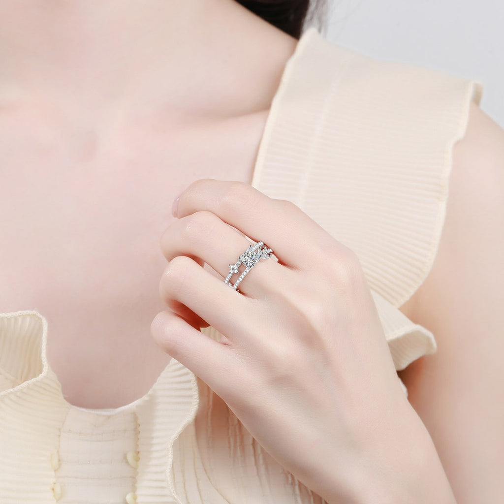 Princess Cut Moissanite Side Stone Engagement Ring with CZ in Rhodium-Plated S925 Sterling Silver worn on hand, showing scale, finger coverage, and rhodium-plated finish
