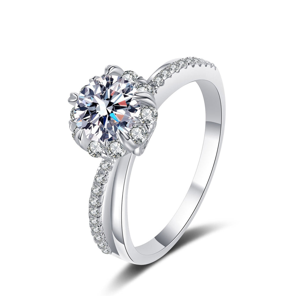 Round Moissanite Ring with CZ in rhodium-plated S925 sterling silver on clean white background