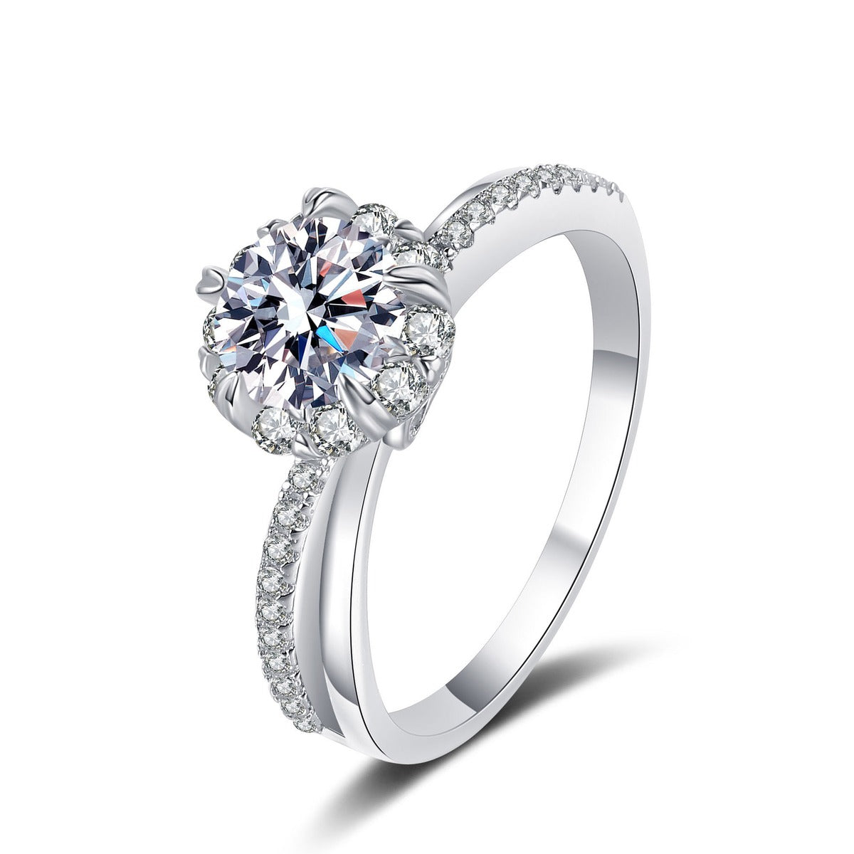 Round Moissanite Ring with CZ in rhodium-plated S925 sterling silver on clean white background