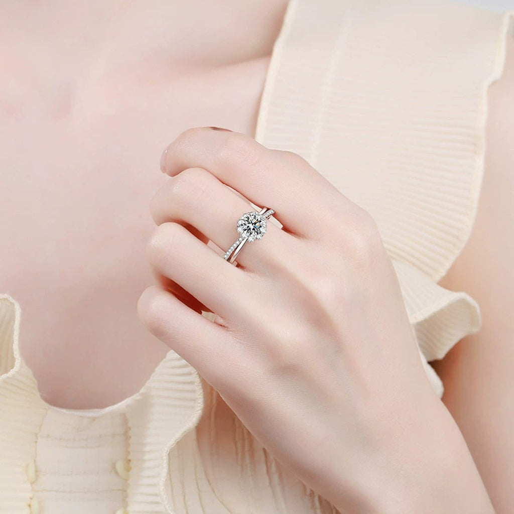 Round Moissanite Ring with CZ worn on hand to show scale and ring profile