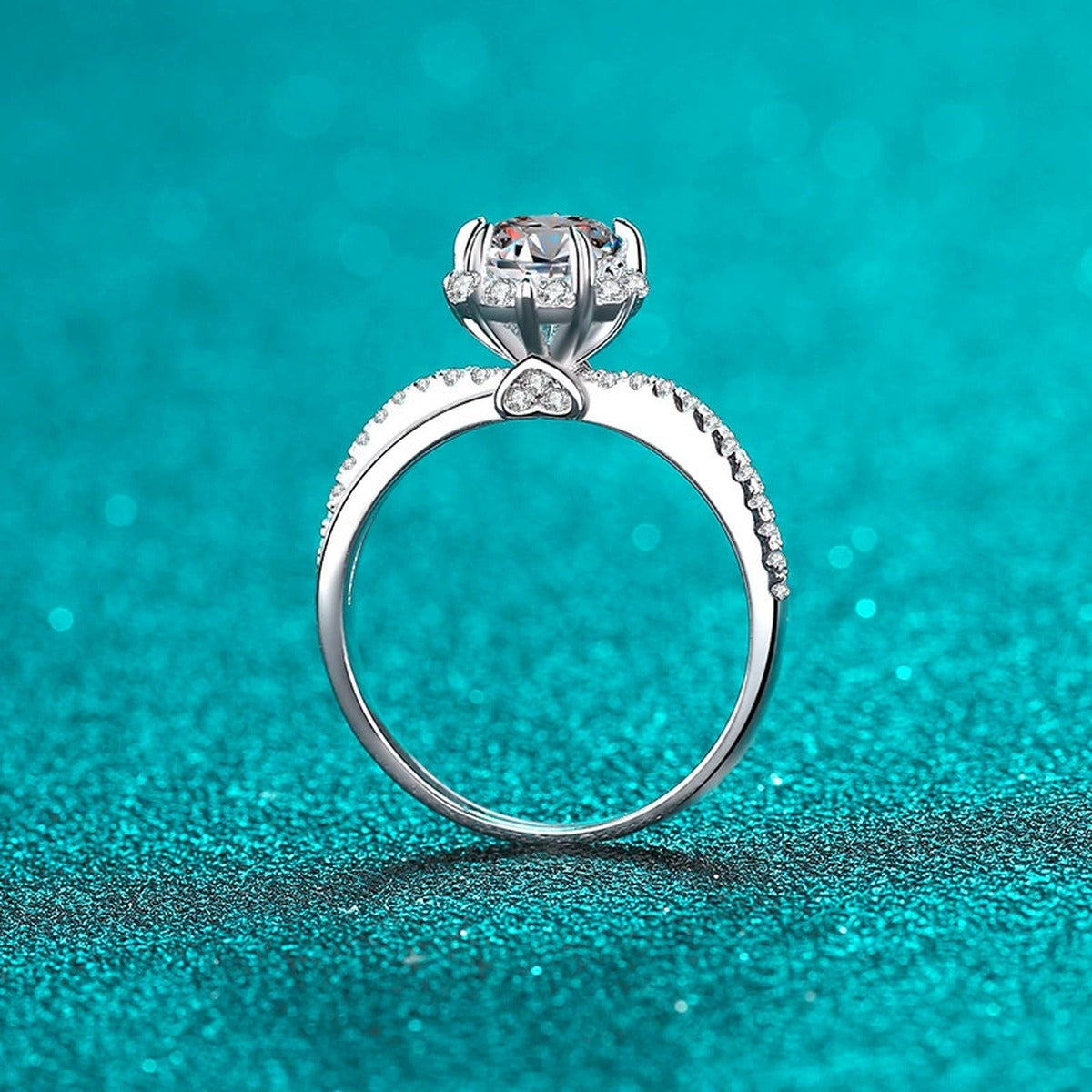 Round Moissanite Ring with CZ product view showing moissanite setting and rhodium finish