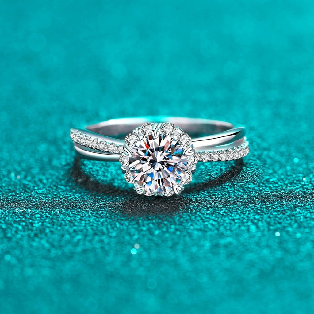 Round Moissanite Ring with CZ product view showing moissanite setting and rhodium finish