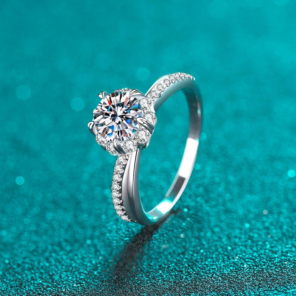 Round Moissanite Ring with CZ product view showing moissanite setting and rhodium finish