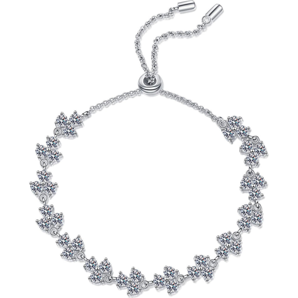 Floral Tennis Moissanite Adjustable Bracelet in Rhodium-Plated S925 sterling silver white background product photo showing bracelet shape and moissanite setting