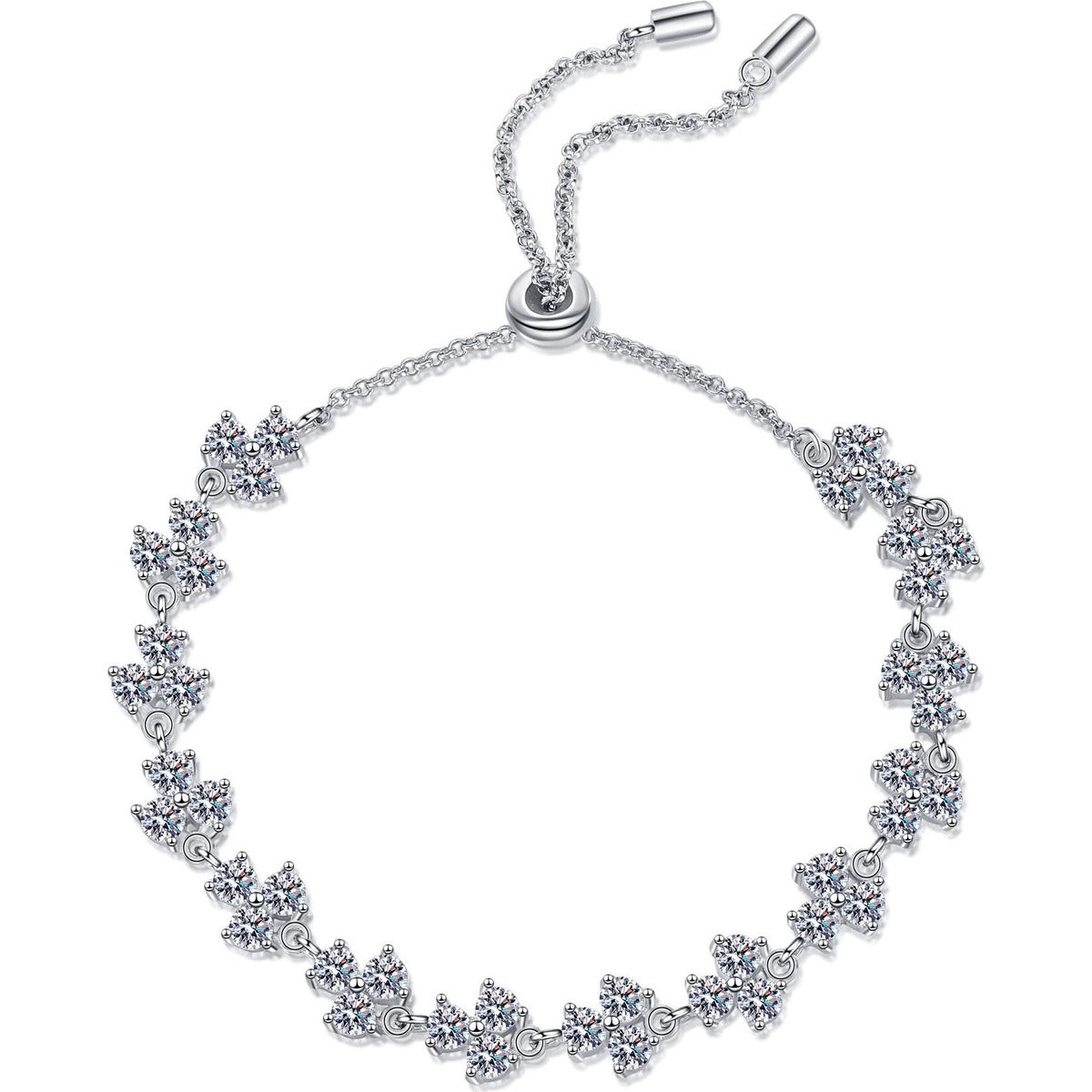 Floral Tennis Moissanite Adjustable Bracelet in Rhodium-Plated S925 sterling silver white background product photo showing bracelet shape and moissanite setting