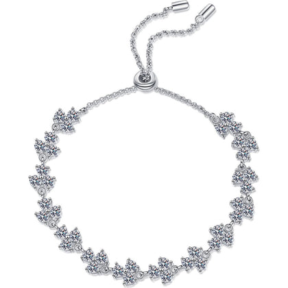 Floral Tennis Moissanite Adjustable Bracelet in Rhodium-Plated S925 sterling silver white background product photo showing bracelet shape and moissanite setting