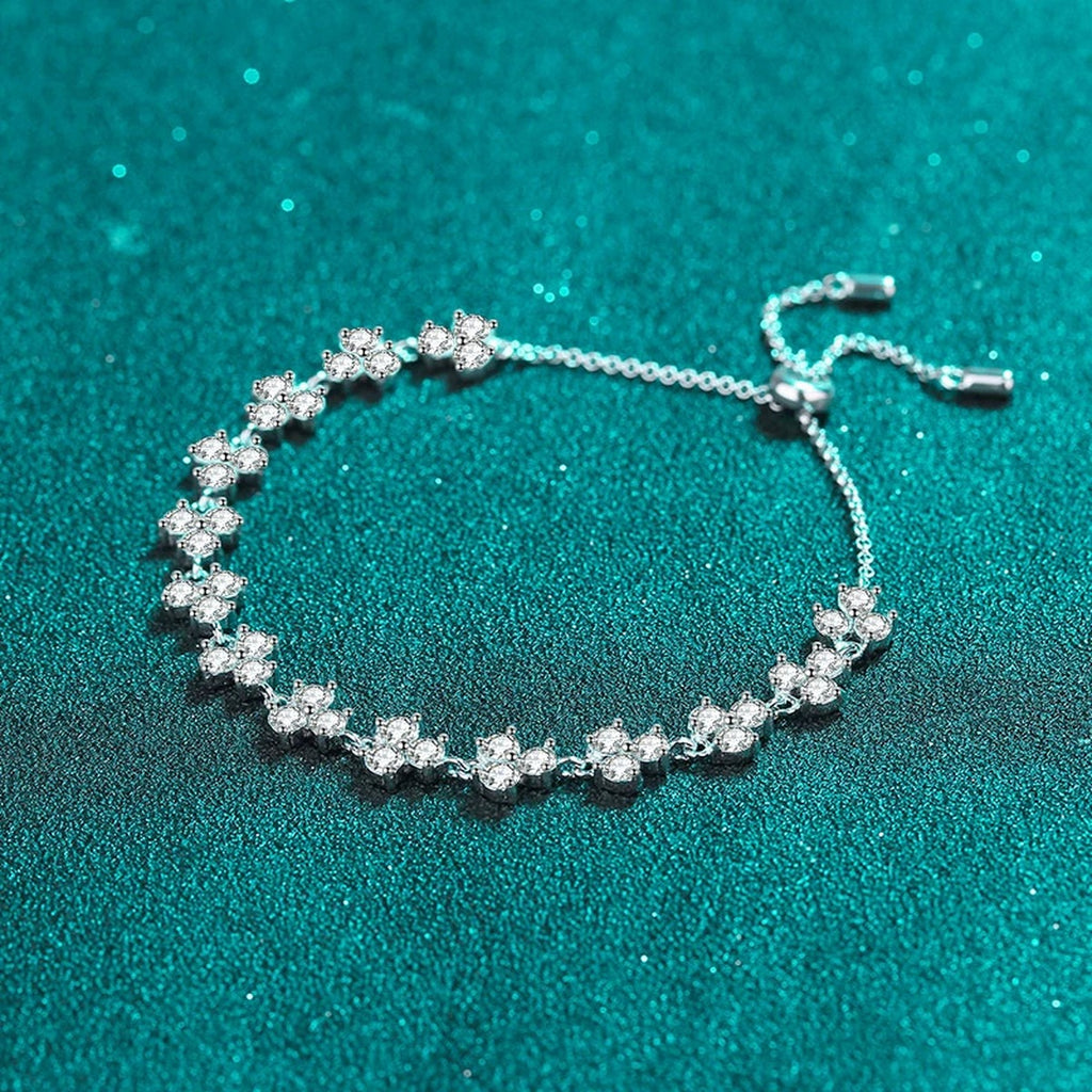 Floral Tennis Moissanite Adjustable Bracelet in Rhodium-Plated S925 sterling silver close-up bracelet detail view showing clasp and motif