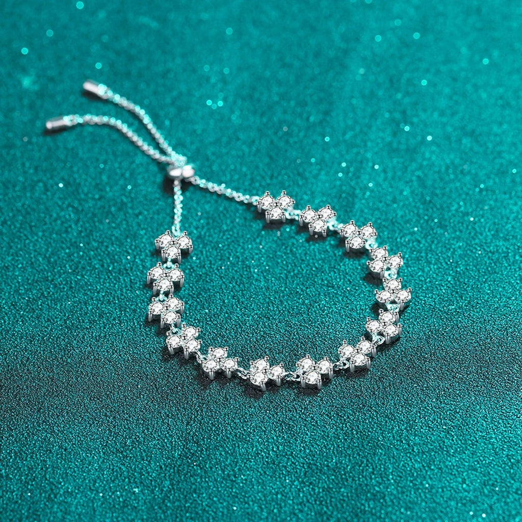 Floral Tennis Moissanite Adjustable Bracelet in Rhodium-Plated S925 sterling silver angled product display showing bracelet silhouette