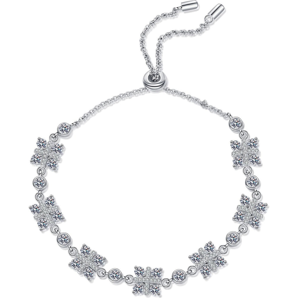 Clover Moissanite Adjustable Bracelet in Rhodium-Plated S925 sterling silver white background product photo showing bracelet shape and moissanite setting